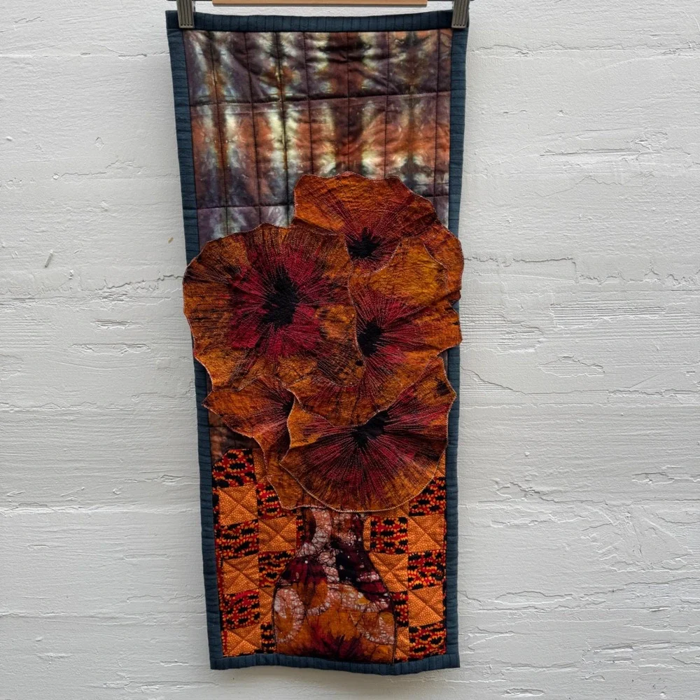 handmade tapestry Quilted Wall Hang Orange Floral Fiber Art Vase Flowers 3D